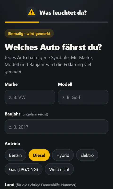 App Was leuchtet da?: Marke, Modell, Baujahr und Antrieb des Autos eintragen
